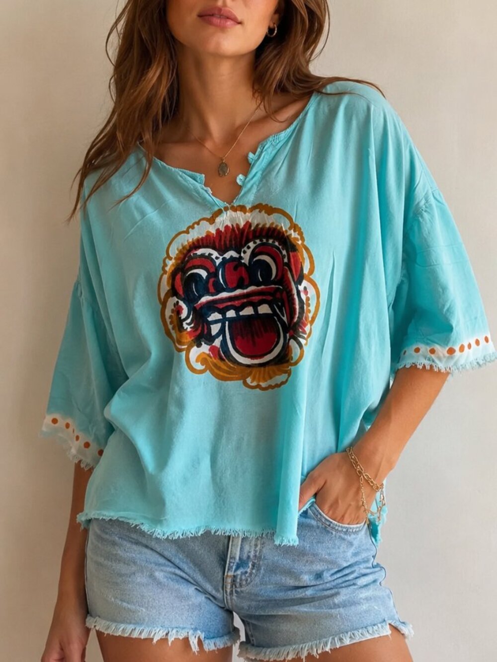 Balinese Barong mask Blue Boho Tunic Top tribal tropical resort festival bali